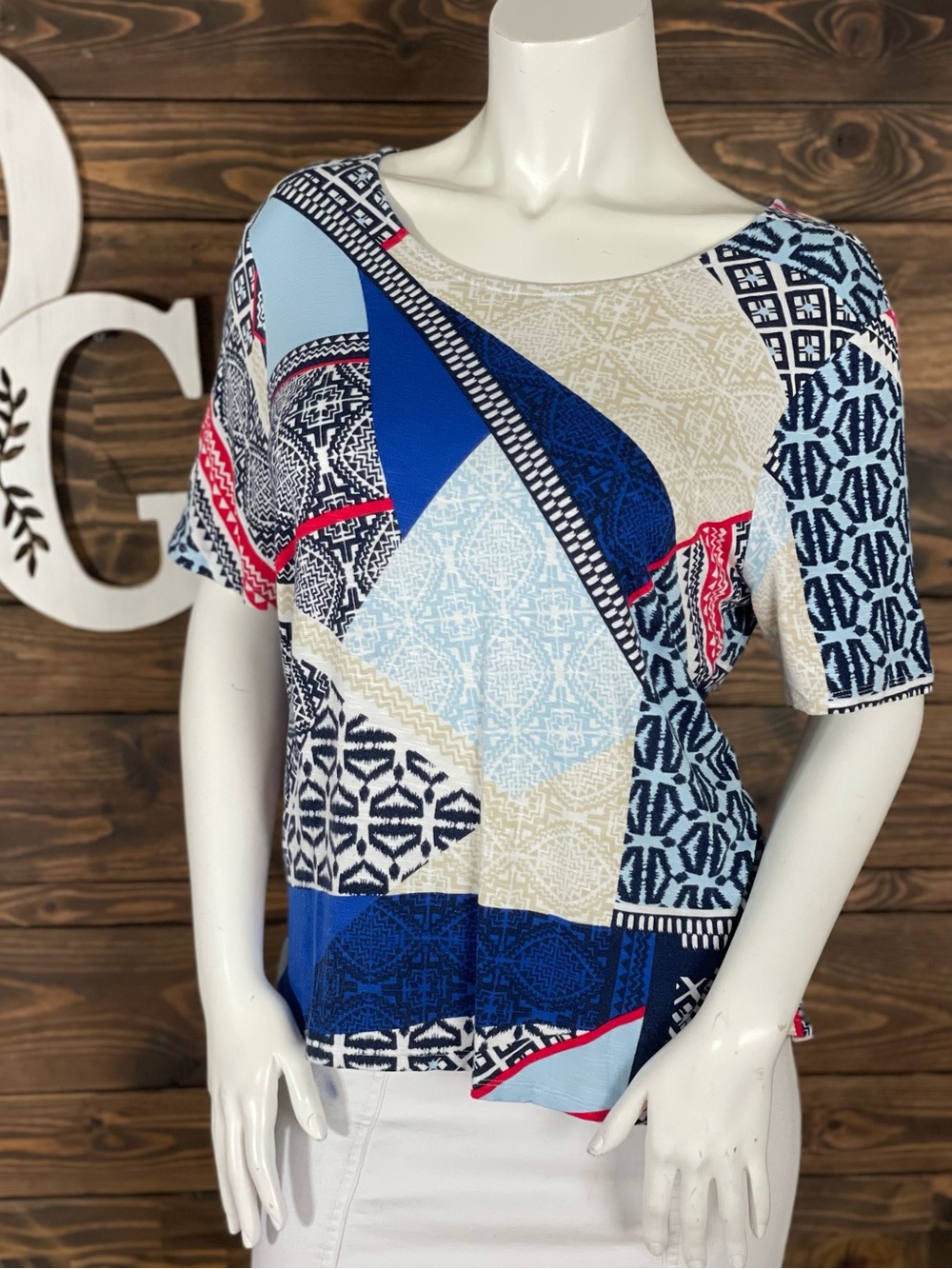 Chico's Patchwork Abstract Geometric Print Top High Low Scoop Neck Multicolored